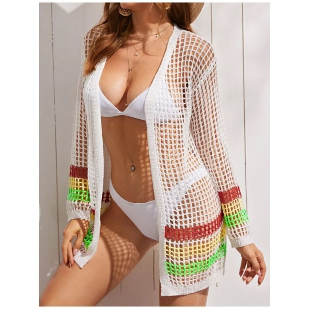 Crochet SWIM COVER UP NEW Boho Gypsy Beach Princess White Striped Womens Size L - Picture 4 of 13